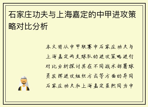 石家庄功夫与上海嘉定的中甲进攻策略对比分析