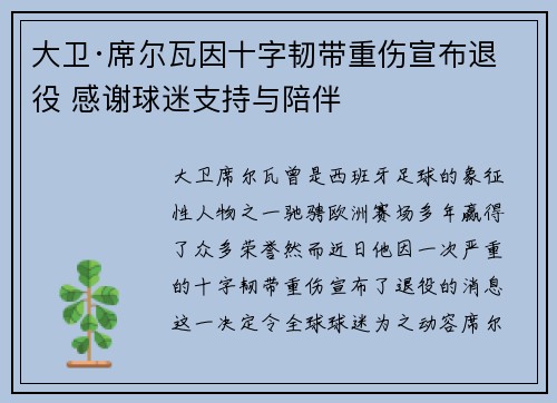 大卫·席尔瓦因十字韧带重伤宣布退役 感谢球迷支持与陪伴